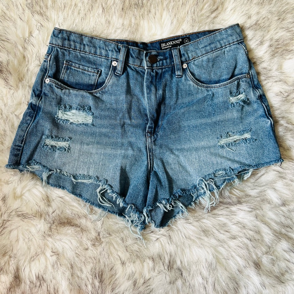 BlankNYC Vintage High Rise Light Wash Distressed Cut Off Denim Shorts